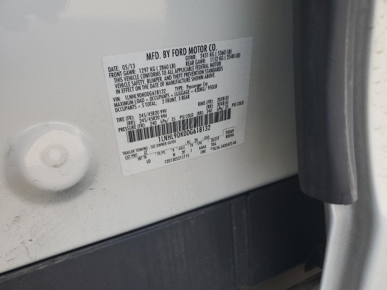 2013 Lincoln MKS VIN 1LNHL9DK0DG618132 Copart auction photo, side damage thumbnail 12