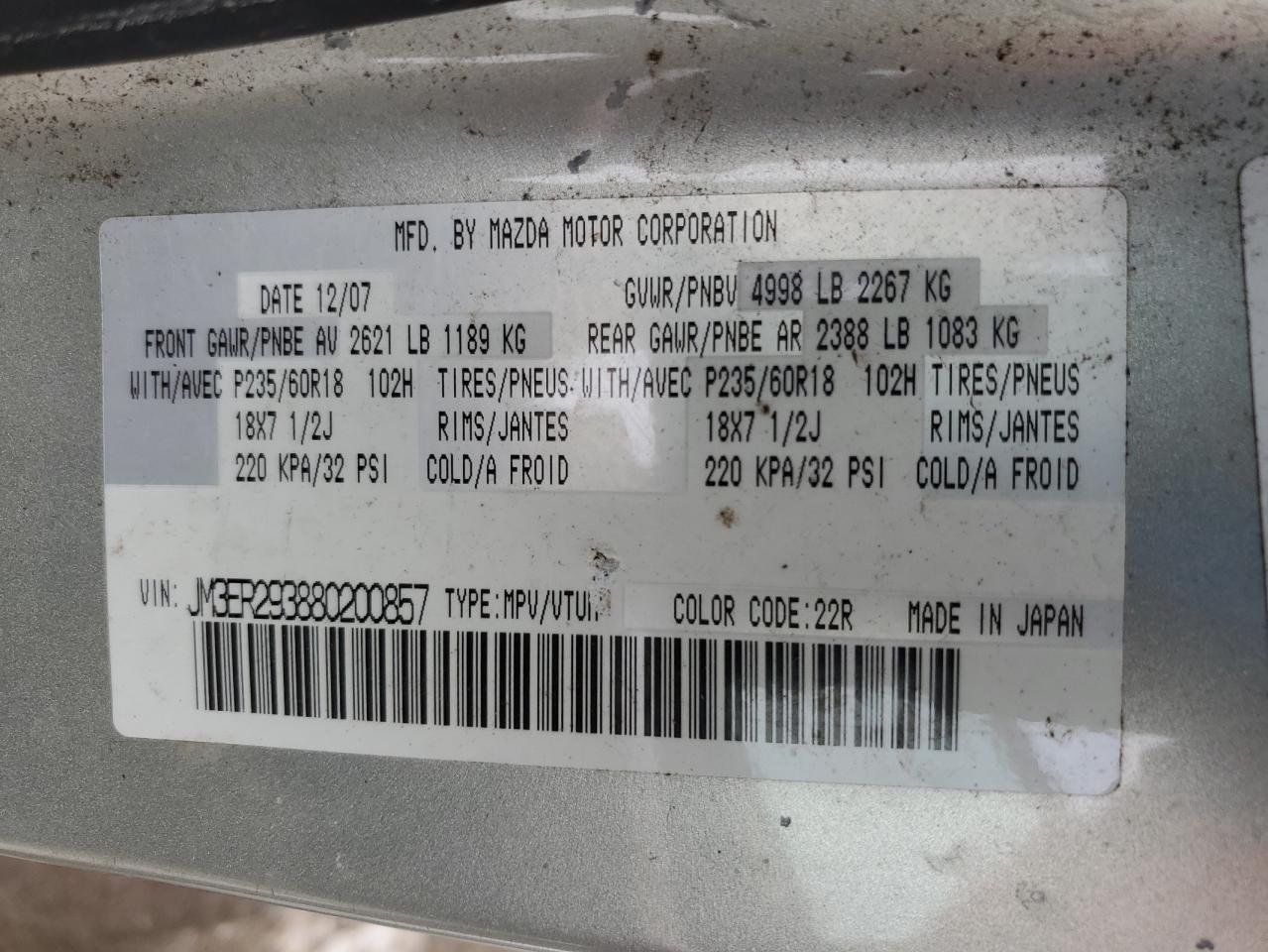 2008 Mazda CX-7 VIN JM3ER293880200857 Copart auction photo, rear end / front end damage thumbnail 13