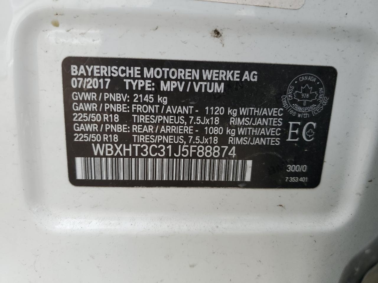 2018 BMW X1 VIN WBXHT3C31J5F88874 Copart auction photo, front end damage thumbnail 15