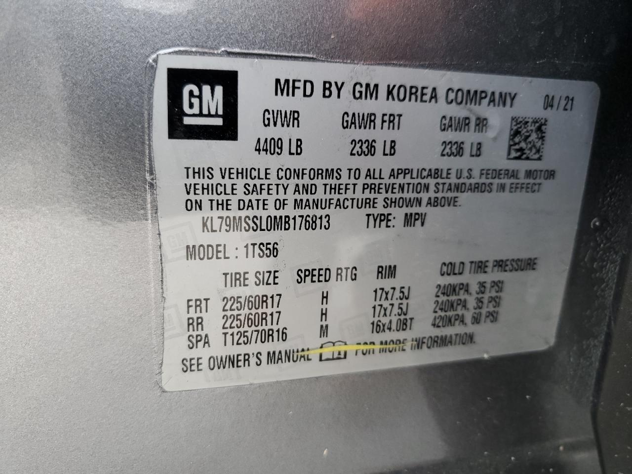 2021 Chevrolet TrailBlazer VIN KL79MSSL0MB176813 Copart auction photo, top/roof / minor dent/scratches damage thumbnail 13