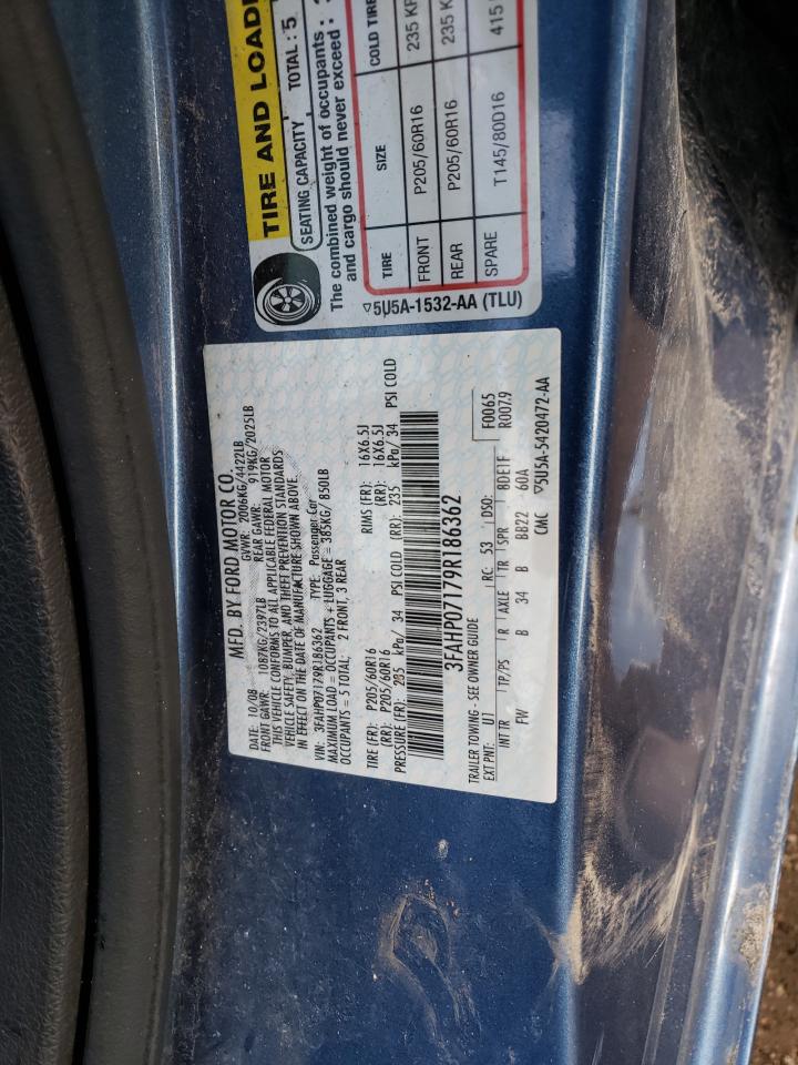 2009 Ford Fusion VIN 3FAHP07179R186362 Copart auction photo, front end / hail damage thumbnail 12