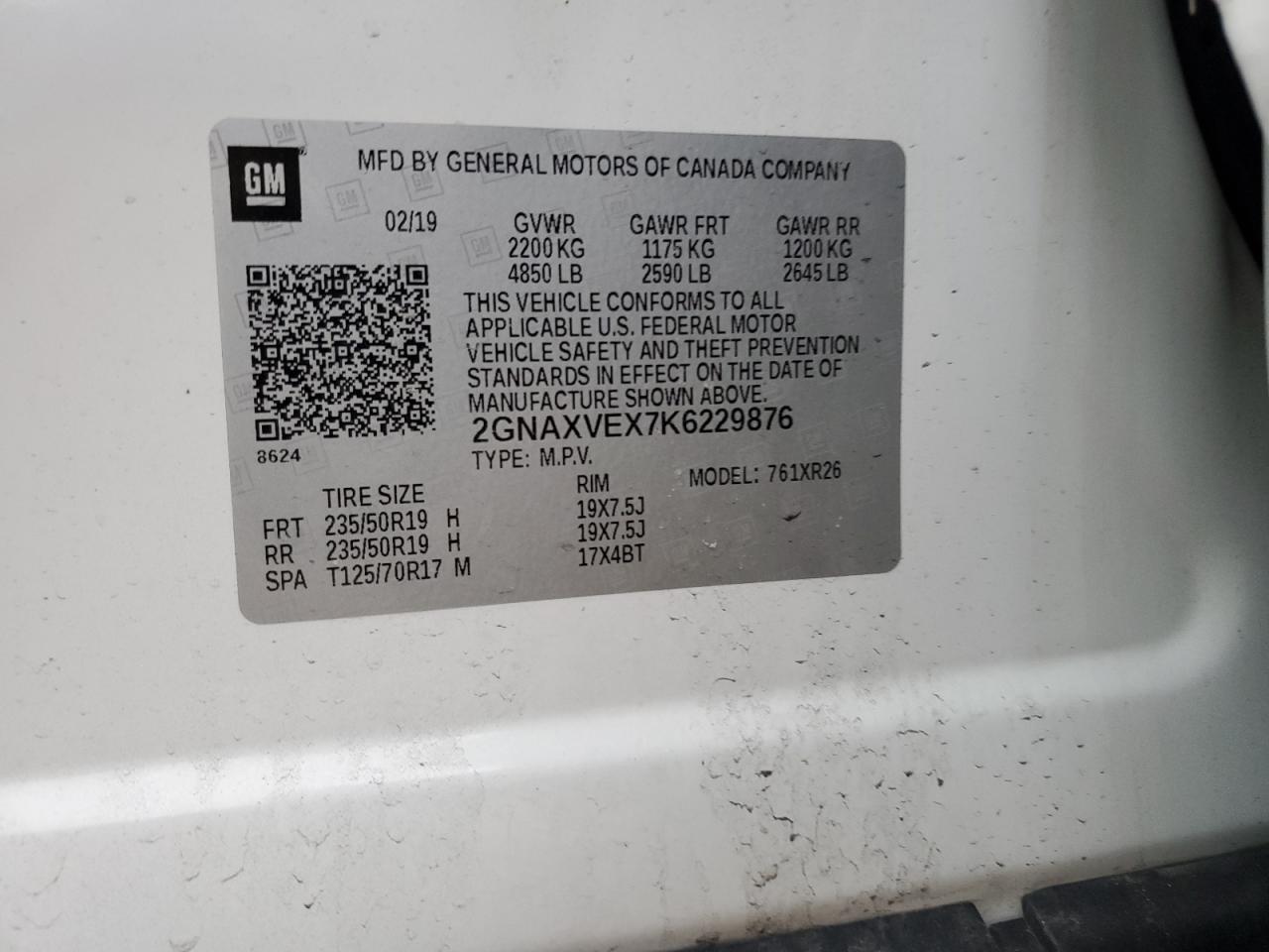 2019 Chevrolet Equinox VIN 2GNAXVEX7K6229876 Copart auction photo, rear end / side damage thumbnail 14