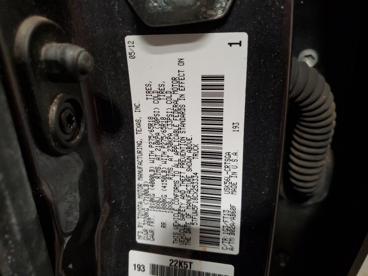2012 Toyota Tundra VIN 5TFUW5F18CX253334 Copart auction photo, front end damage thumbnail 13