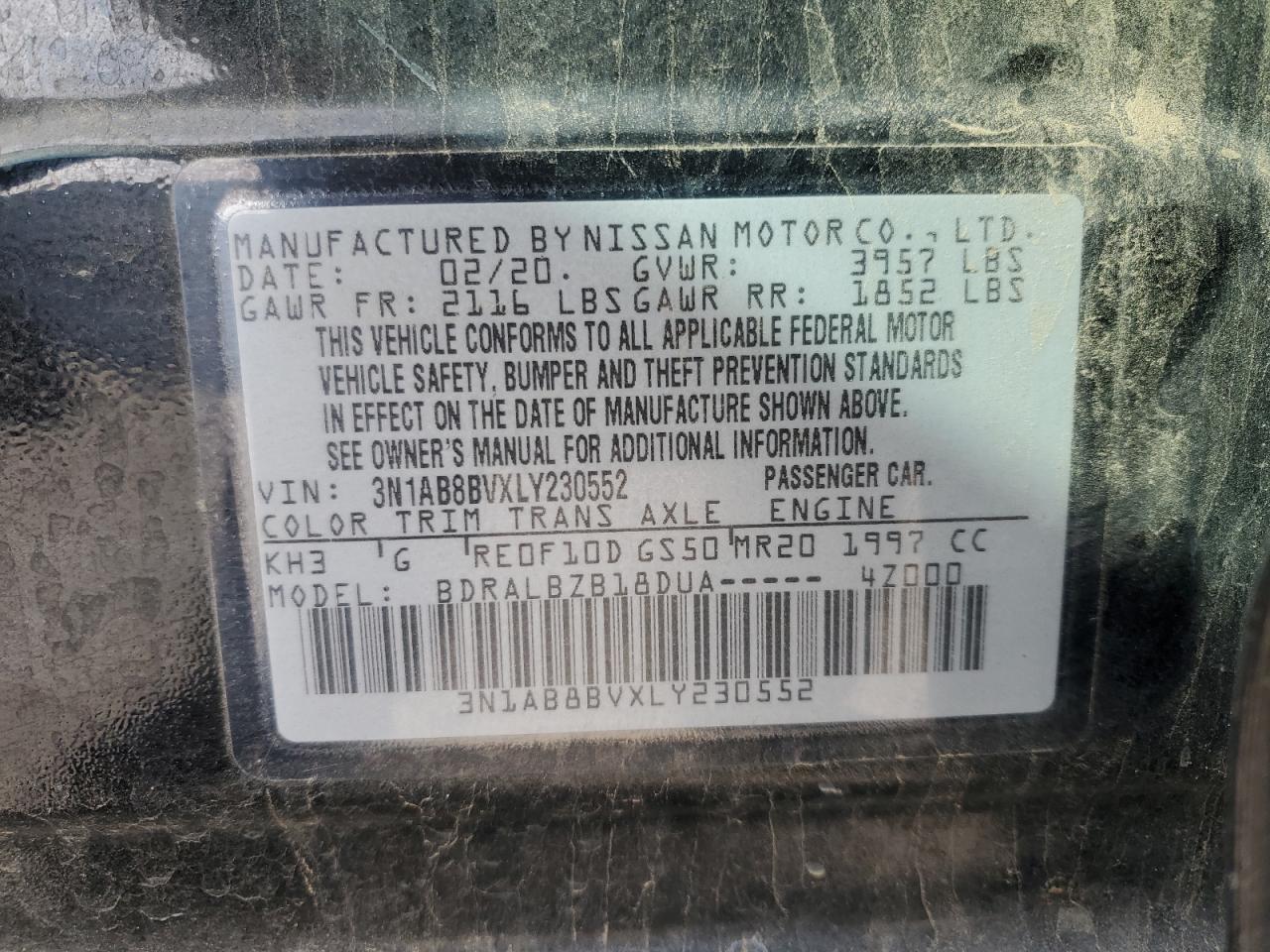 2020 Nissan Sentra VIN 3N1AB8BVXLY230552 Copart auction photo, side / front end damage thumbnail 12
