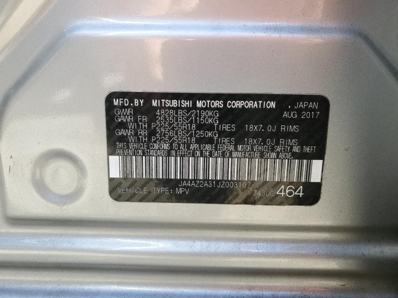 2018 Mitsubishi Outlander VIN JA4AZ2A31JZ003107 Copart auction photo, side / rear end damage thumbnail 13