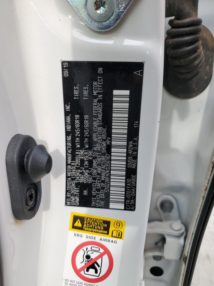 2019 Toyota Highlander VIN 5TDZZRFH7KS356167 Copart auction photo, top/roof damage thumbnail 13