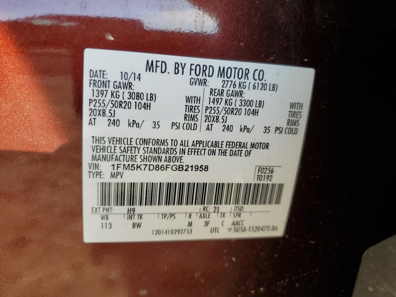 2015 Ford Explorer VIN 1FM5K7D86FGB21958 Copart auction photo, top/roof damage thumbnail 13