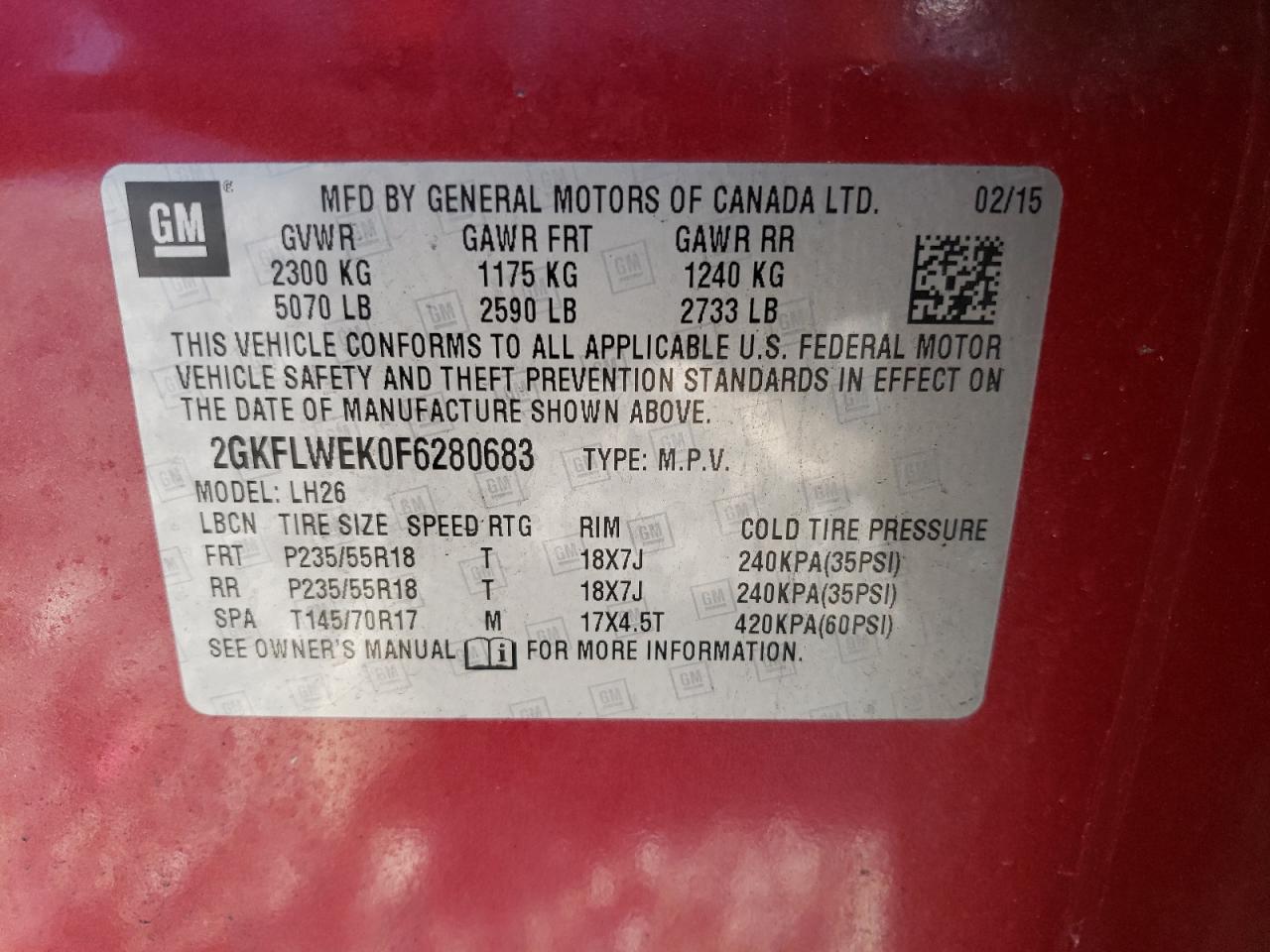 2015 GMC Terrain VIN 2GKFLWEK0F6280683 Copart auction photo, rear end / side damage thumbnail 14