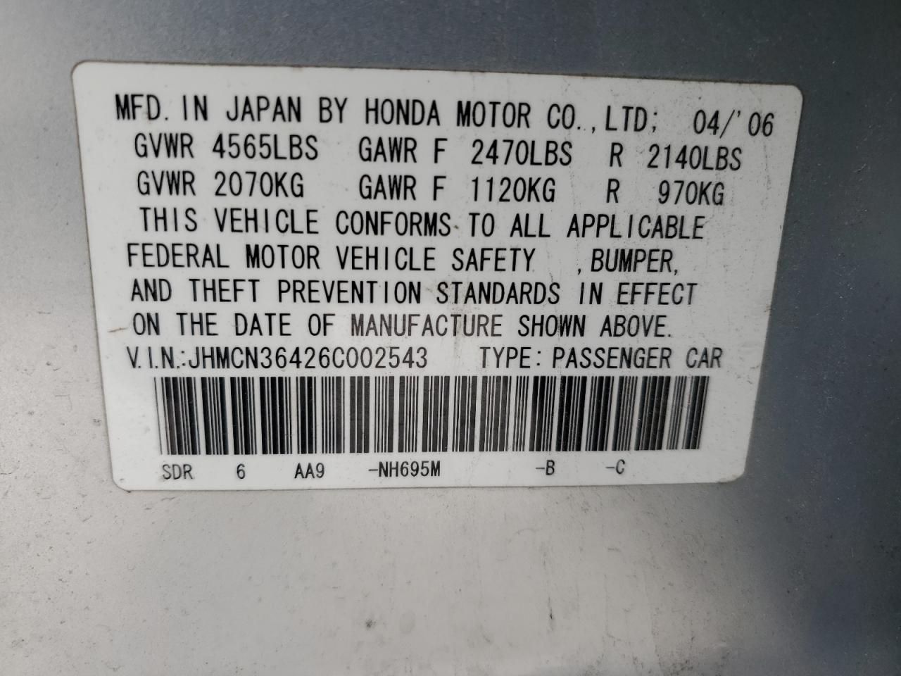 2006 Honda Accord VIN JHMCN36426C002543 Copart auction photo, front end / minor dent/scratches damage thumbnail 14