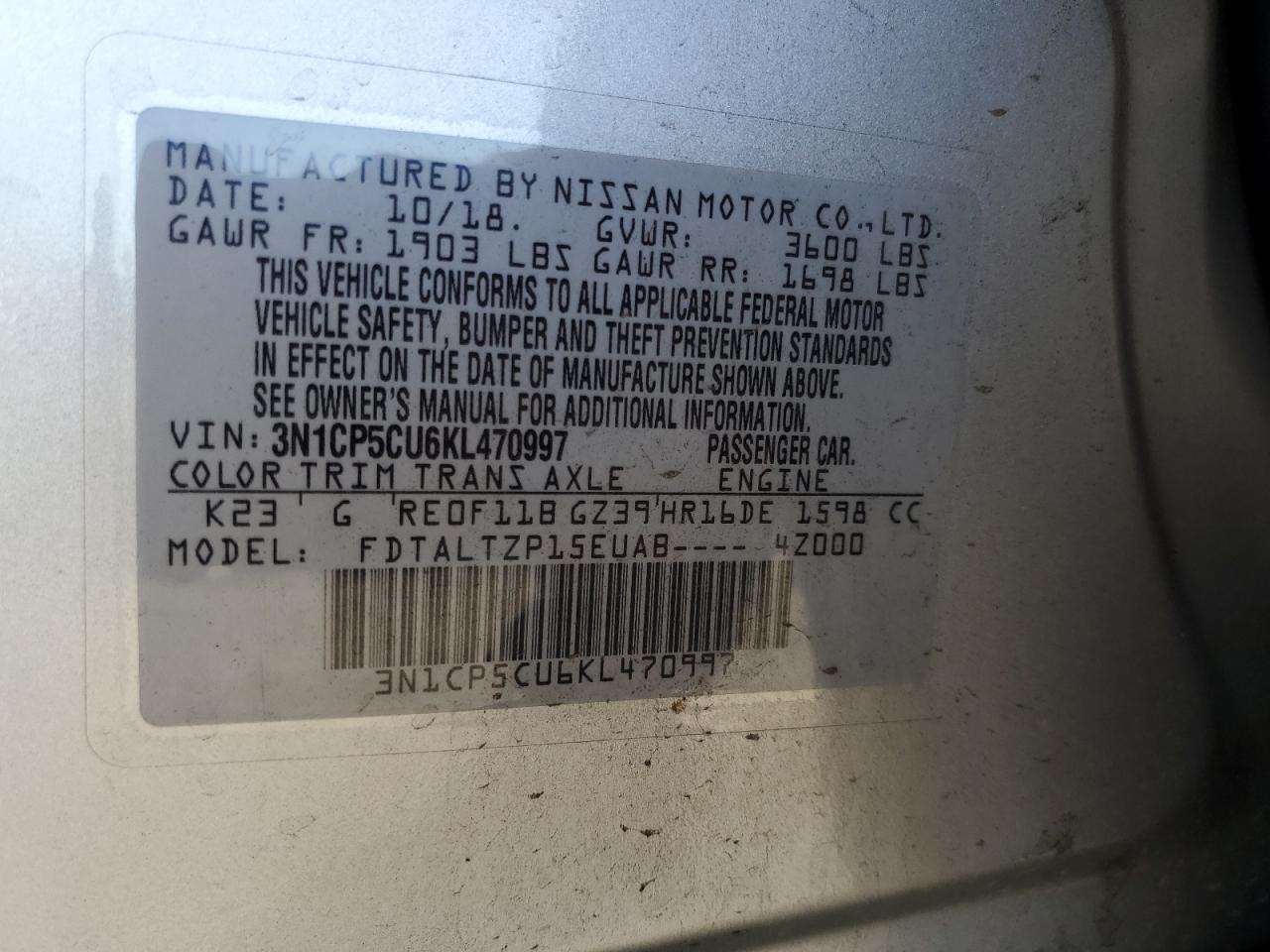 2019 Nissan Kicks VIN 3N1CP5CU6KL470997 Copart auction photo, front end / minor dent/scratches damage thumbnail 14