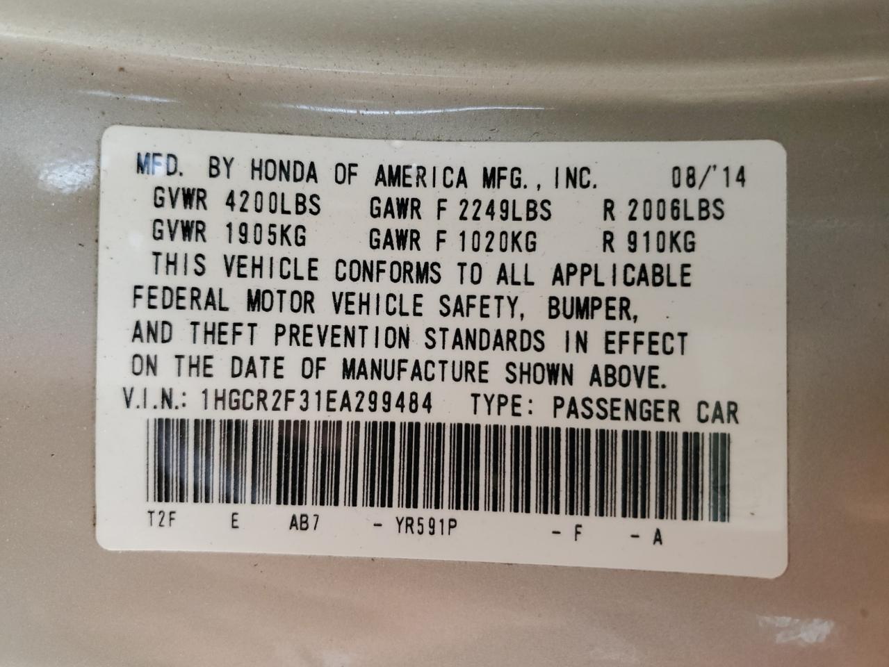 2014 Honda Accord VIN 1HGCR2F31EA299484 Copart auction photo, front end / rear end damage thumbnail 13