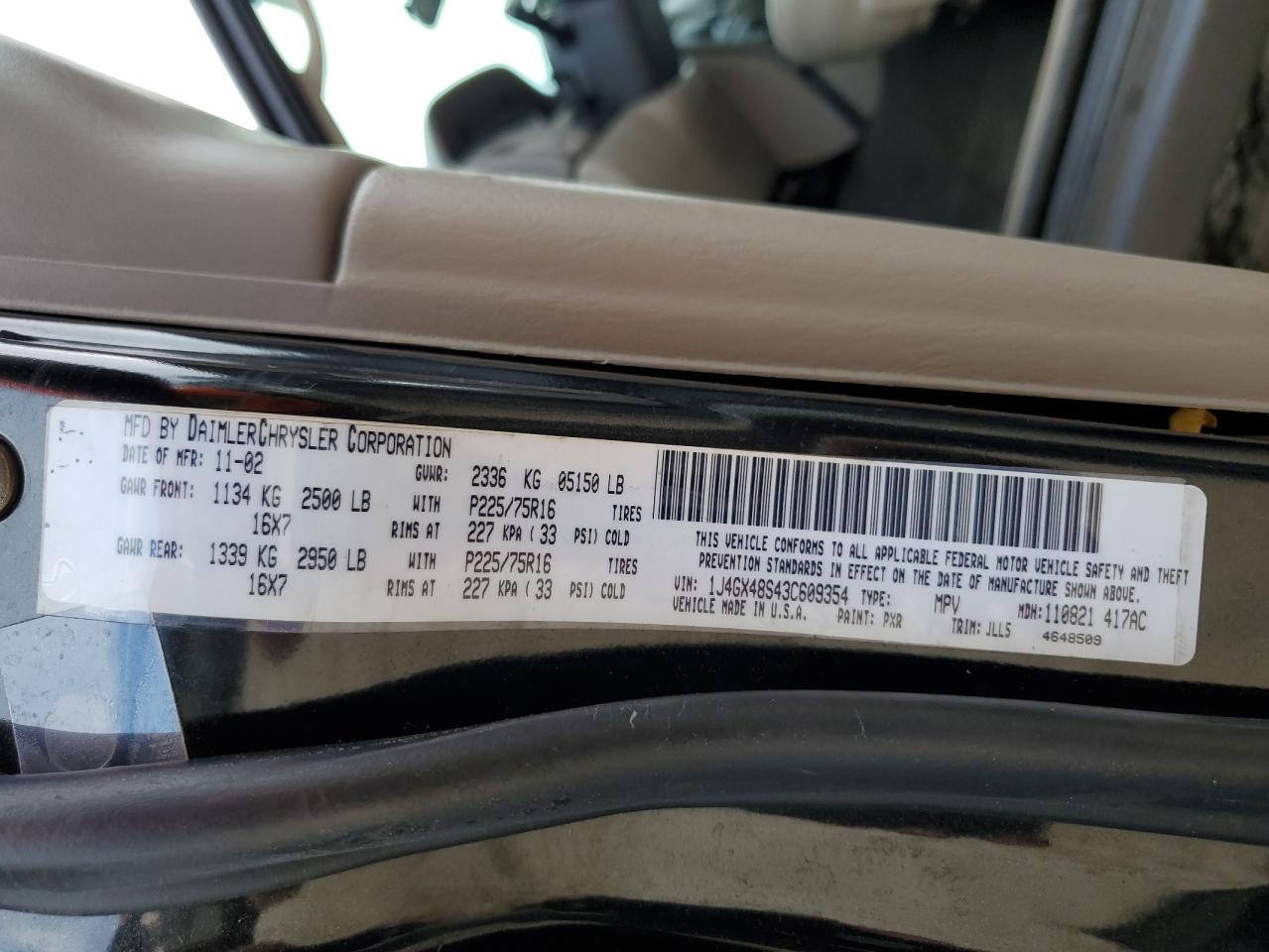 2003 Jeep Grand Cherokee VIN 1J4GX48S43C609354 Copart auction photo, front end damage thumbnail 13