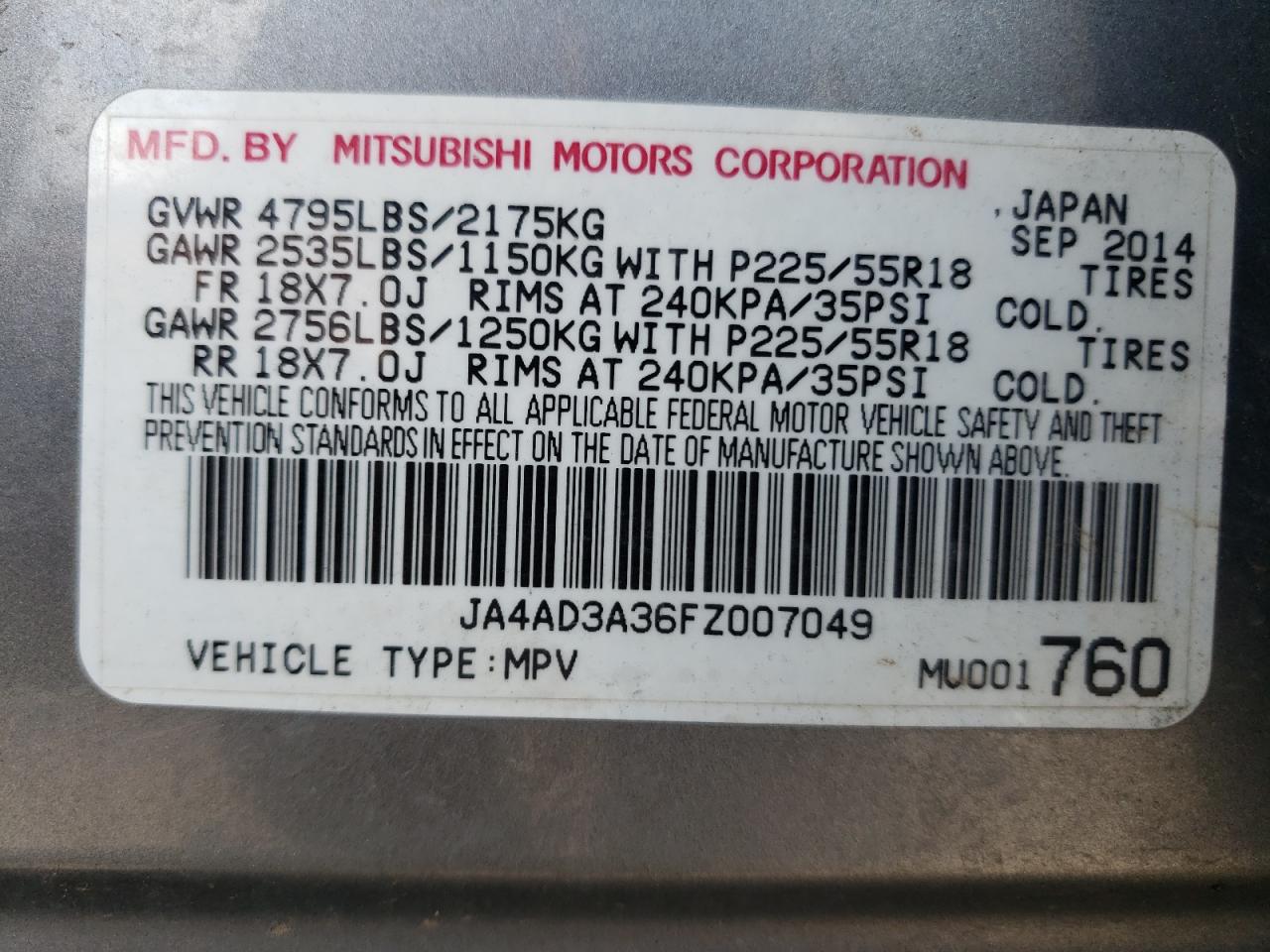 2015 Mitsubishi Outlander VIN JA4AD3A36FZ007049 Copart auction photo, front end / hail damage thumbnail 13