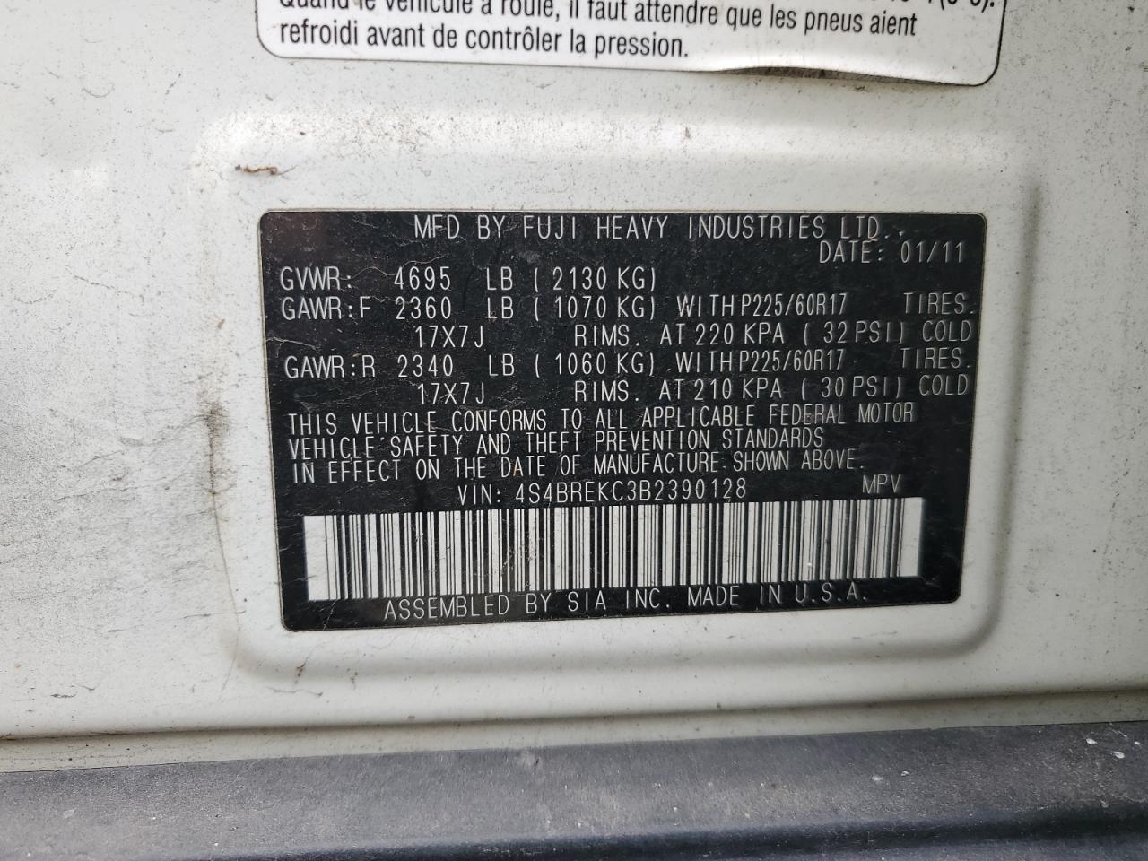 2011 Subaru Outback VIN 4S4BREKC3B2390128 Copart auction photo, all over / minor dent/scratches damage thumbnail 13