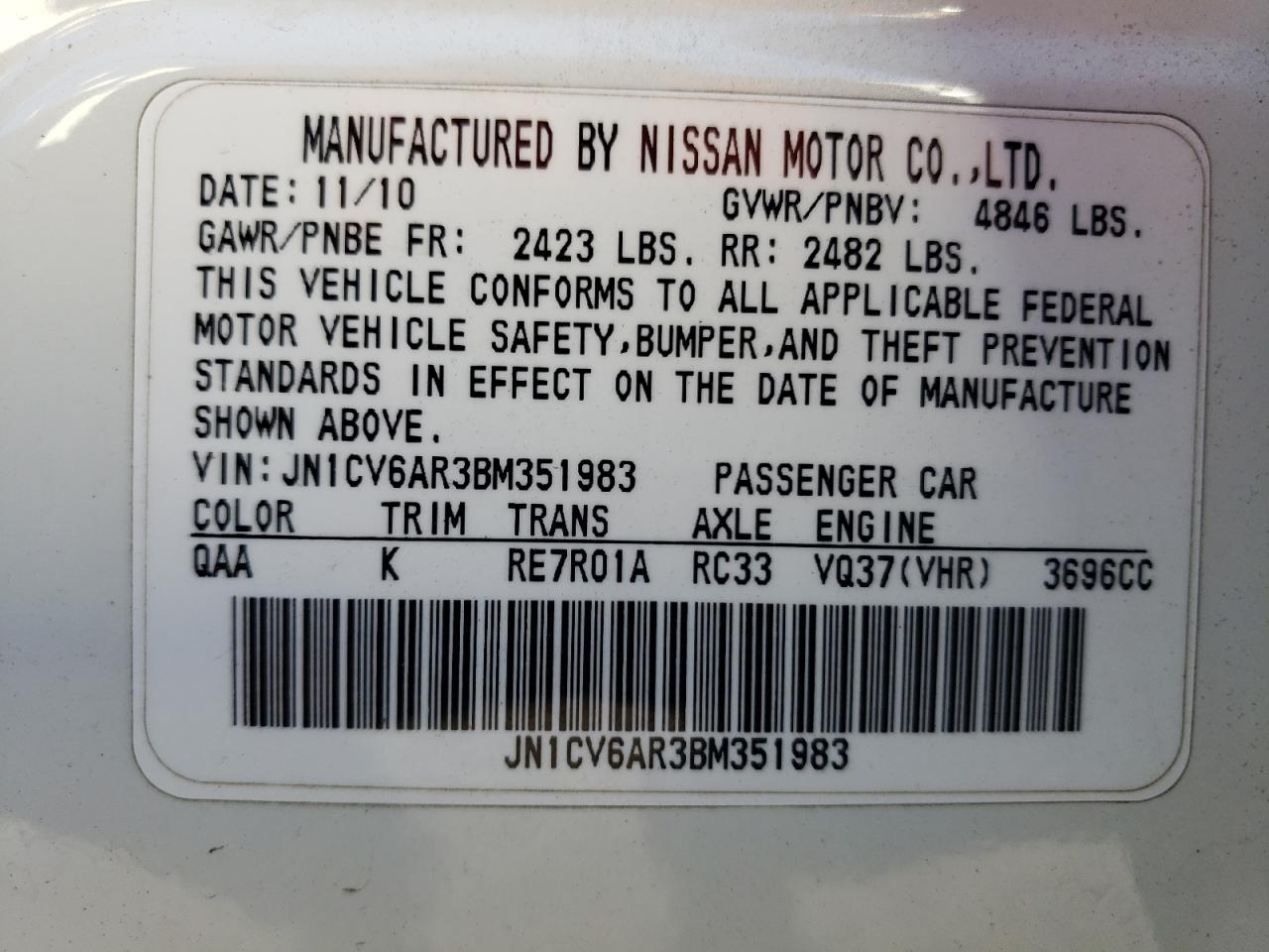 2011 Infiniti G VIN JN1CV6AR3BM351983 Copart auction photo, front end / side damage thumbnail 14