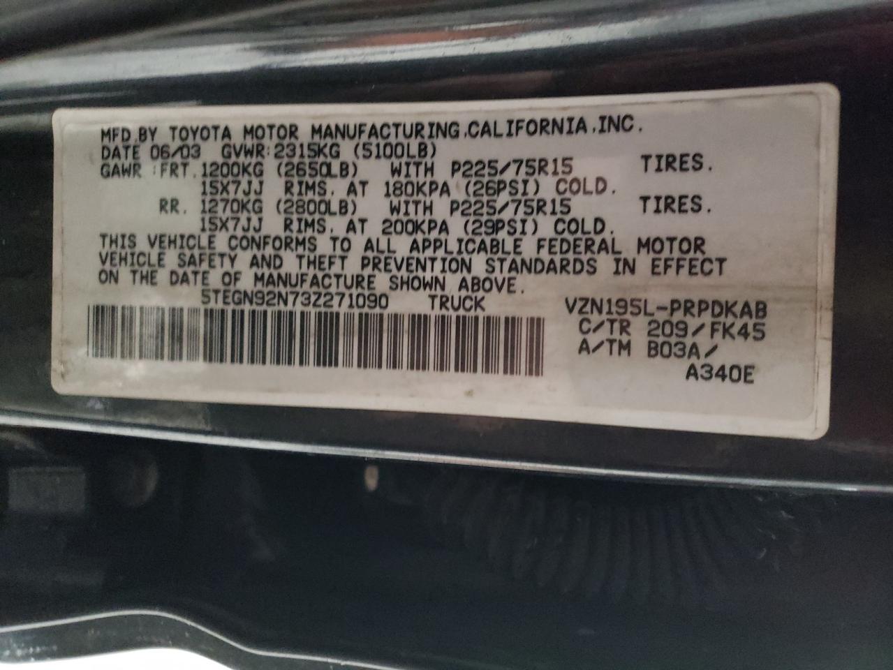 2003 Toyota Tacoma VIN 5TEGN92N73Z271090 Copart auction photo, front end / side damage thumbnail 14