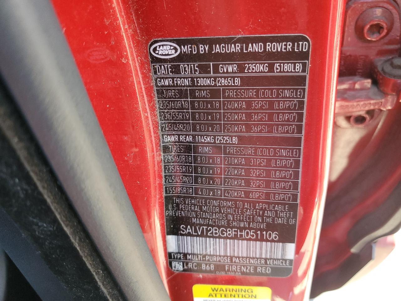 2015 Land Rover Range Rover VIN SALVT2BG8FH051106 Copart auction photo, mechanical damage thumbnail 13