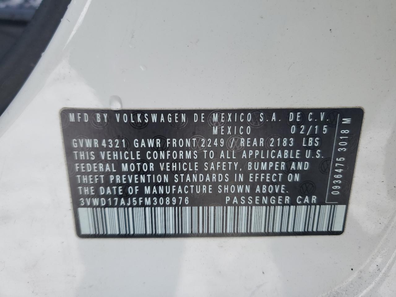 2015 Volkswagen Jetta VIN 3VWD17AJ5FM308976 Copart auction photo, minor dent/scratches damage thumbnail 12