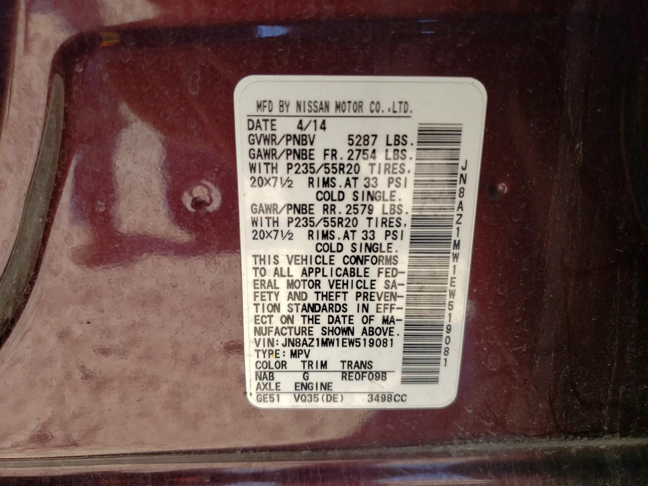 2014 Nissan Murano VIN JN8AZ1MW1EW519081 Copart auction photo, all over damage thumbnail 13