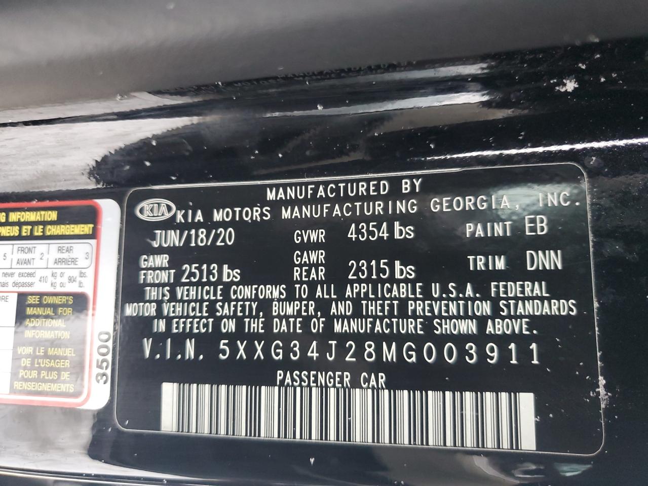 2021 KIA K5 VIN 5XXG34J28MG003911 Copart auction photo, front end / minor dent/scratches damage thumbnail 14