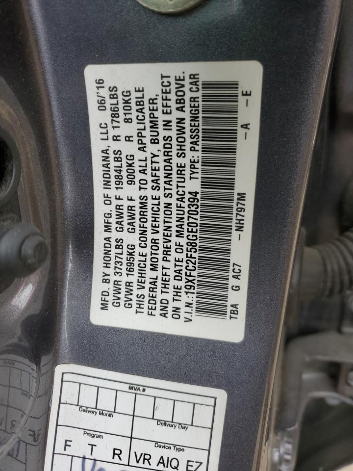 2016 Honda Civic VIN 19XFC2F58GE070394 Copart auction photo, rear end / side damage thumbnail 12