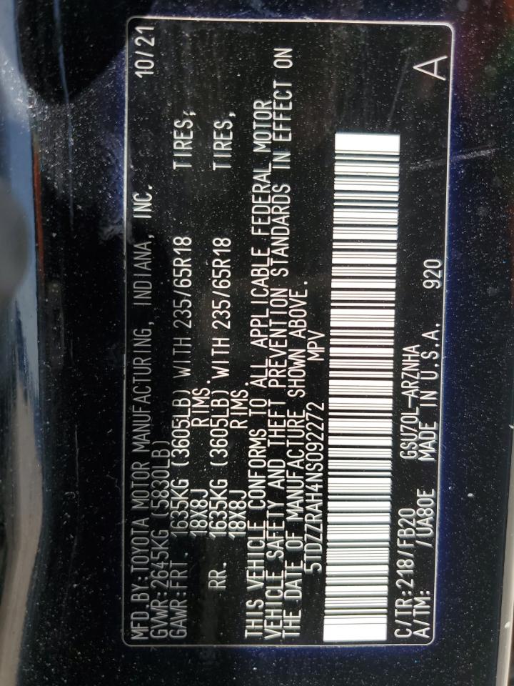 2022 Toyota Highlander VIN 5TDZZRAH4NS092272 Copart auction photo, front end / rear end damage thumbnail 13