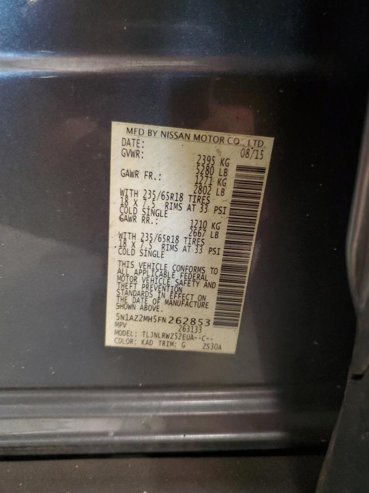 2015 Nissan Murano VIN 5N1AZ2MH5FN262853 Copart auction photo, front end / rear end damage thumbnail 12