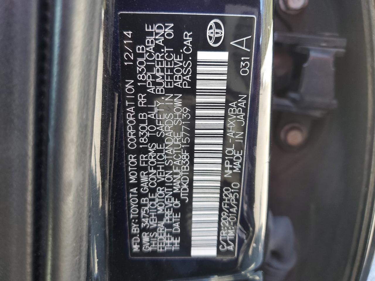 2015 Toyota Prius VIN JTDKDTB38F1577139 Copart auction photo, front end / side damage thumbnail 12