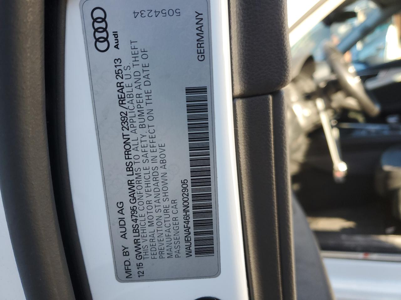 2017 Audi A4 VIN WAUENAF46HN002905 Copart auction photo, side / front end damage thumbnail 12