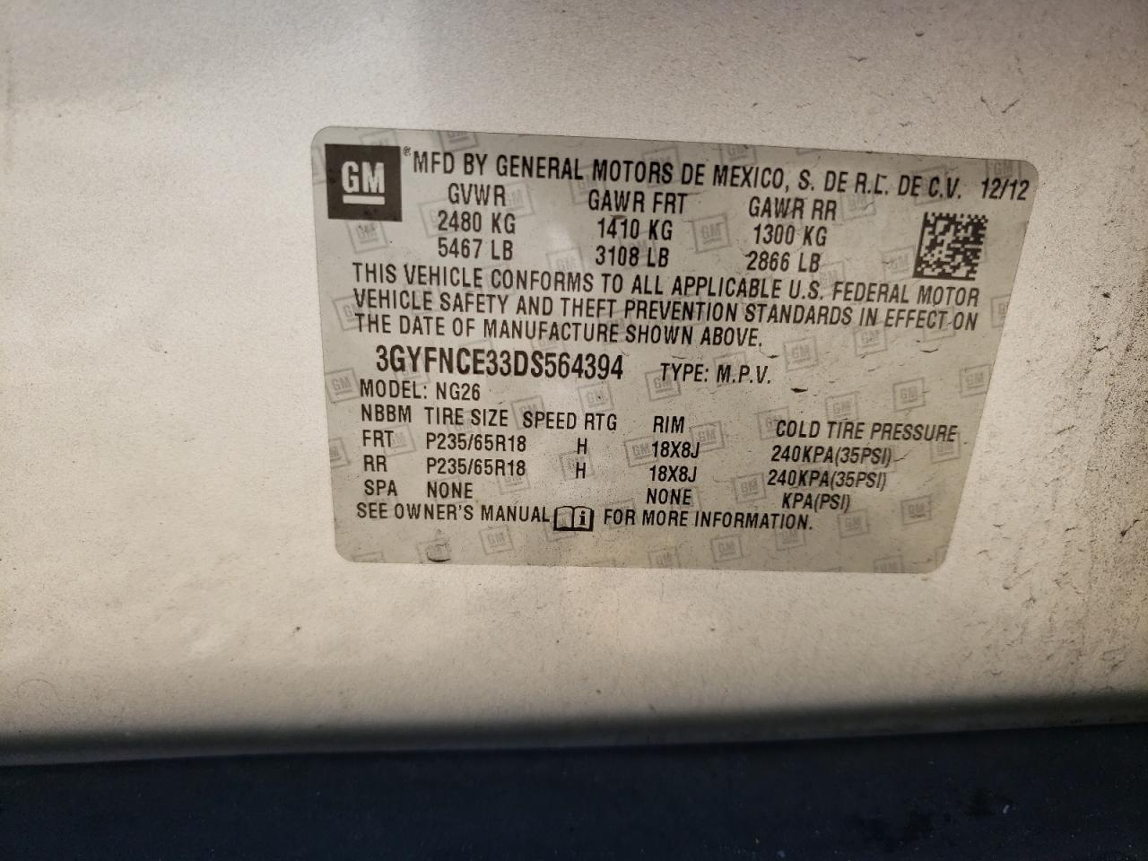2013 Cadillac SRX VIN 3GYFNCE33DS564394 Copart auction photo, front end damage thumbnail 15