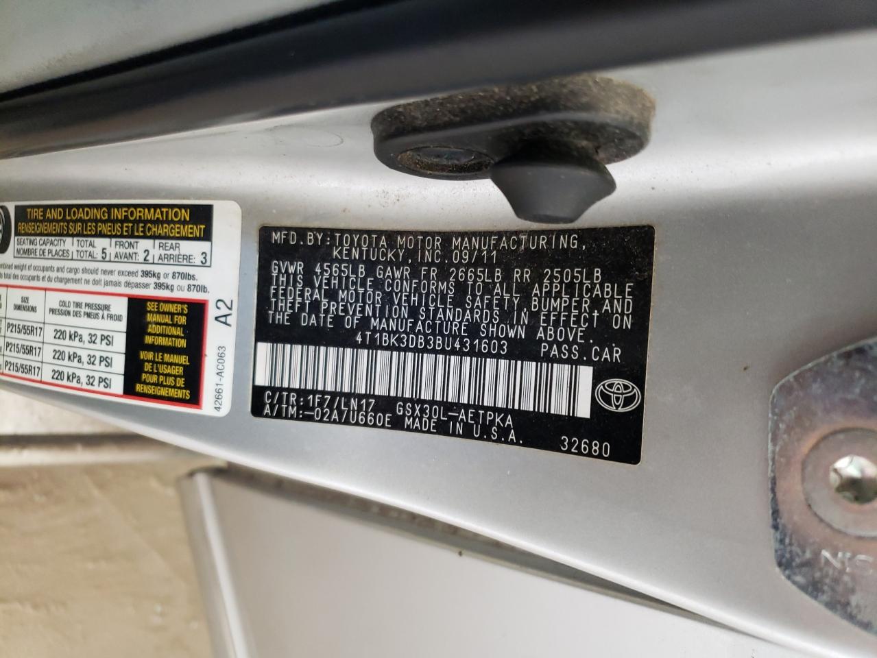 2011 Toyota Avalon VIN 4T1BK3DB3BU431603 Copart auction photo, front end / rear end damage thumbnail 13