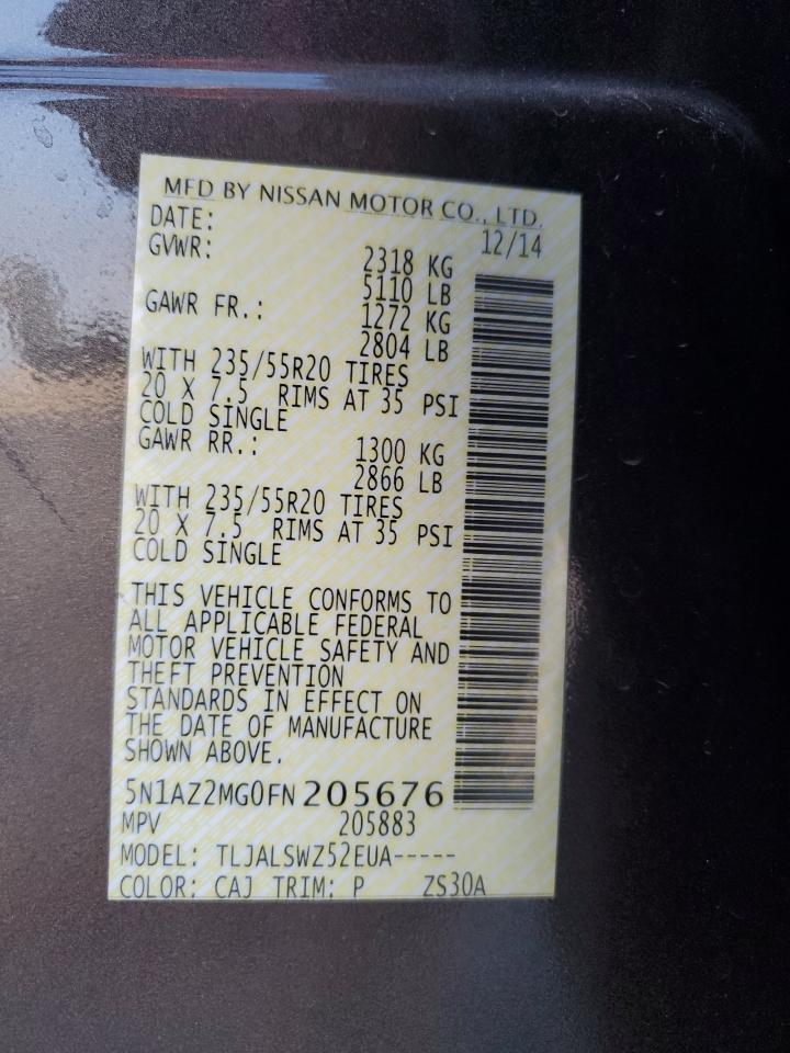 2015 Nissan Murano VIN 5N1AZ2MG0FN205676 Copart auction photo, front end / minor dent/scratches damage thumbnail 13