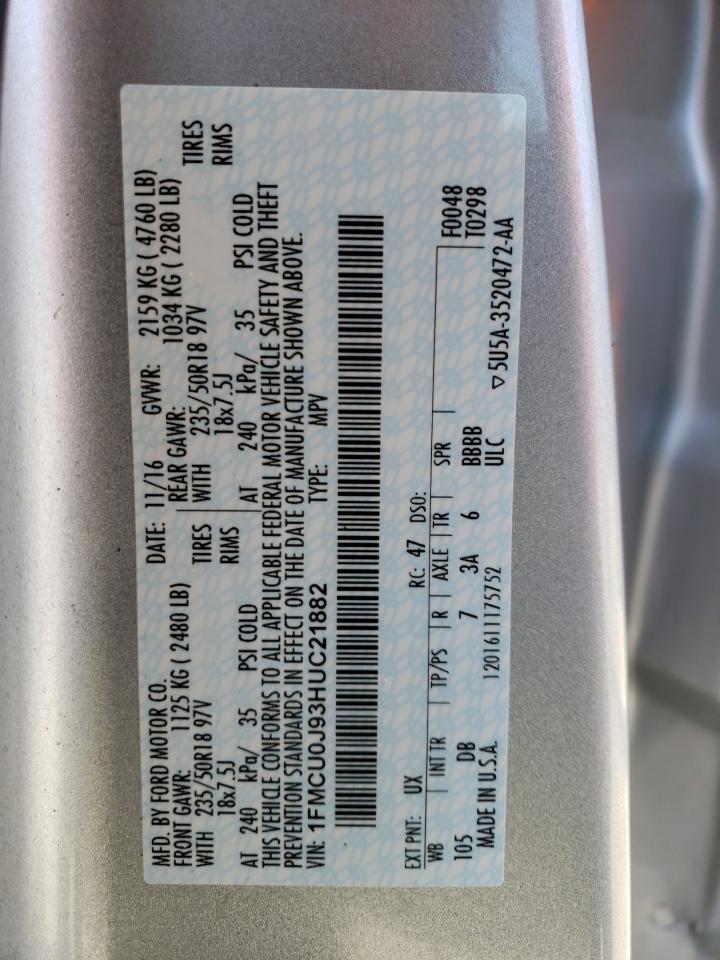 2017 Ford Escape VIN 1FMCU0J93HUC21882 Copart auction photo, side damage thumbnail 13