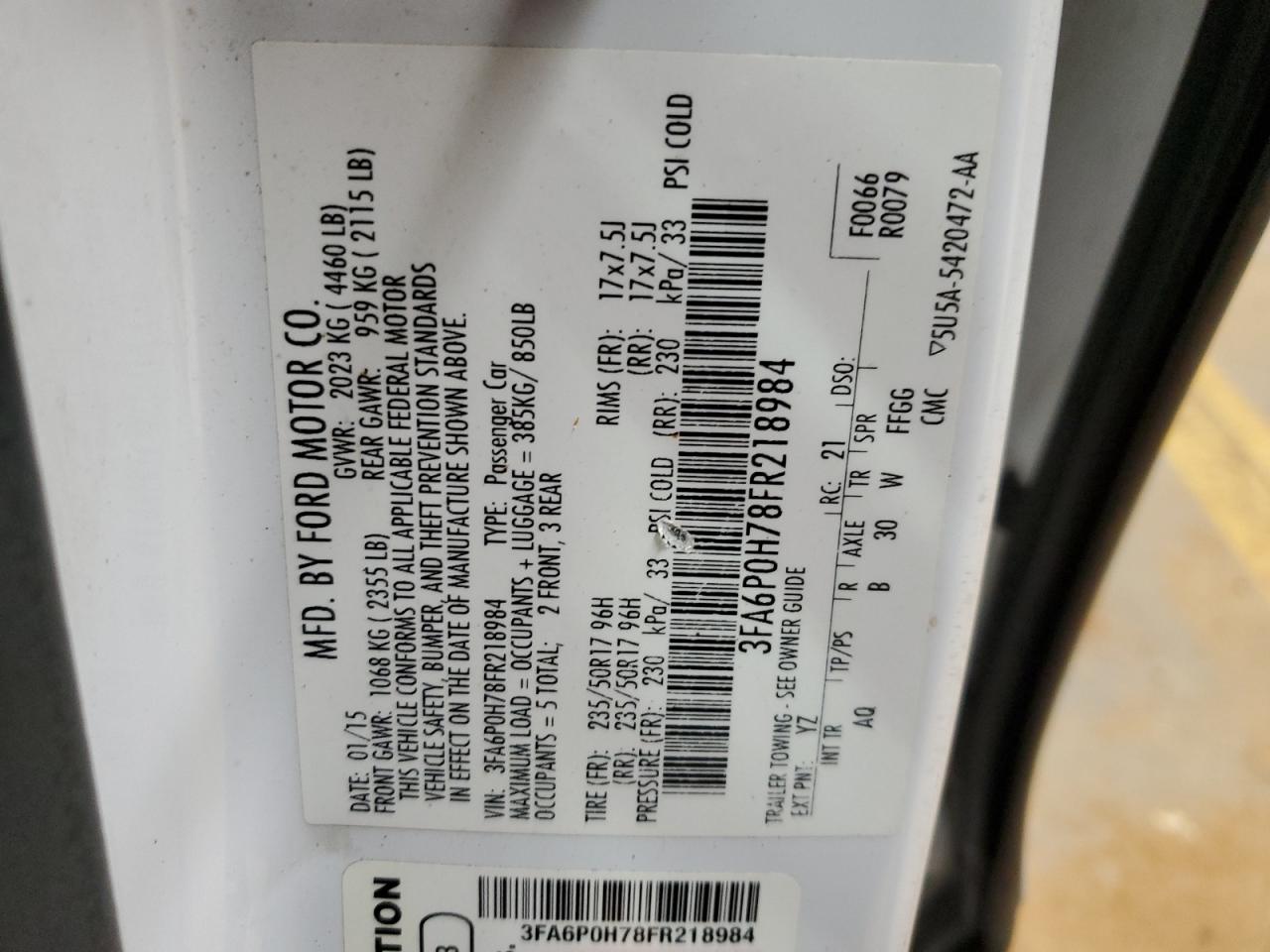 2015 Ford Fusion VIN 3FA6P0H78FR218984 Copart auction photo, front end damage thumbnail 12
