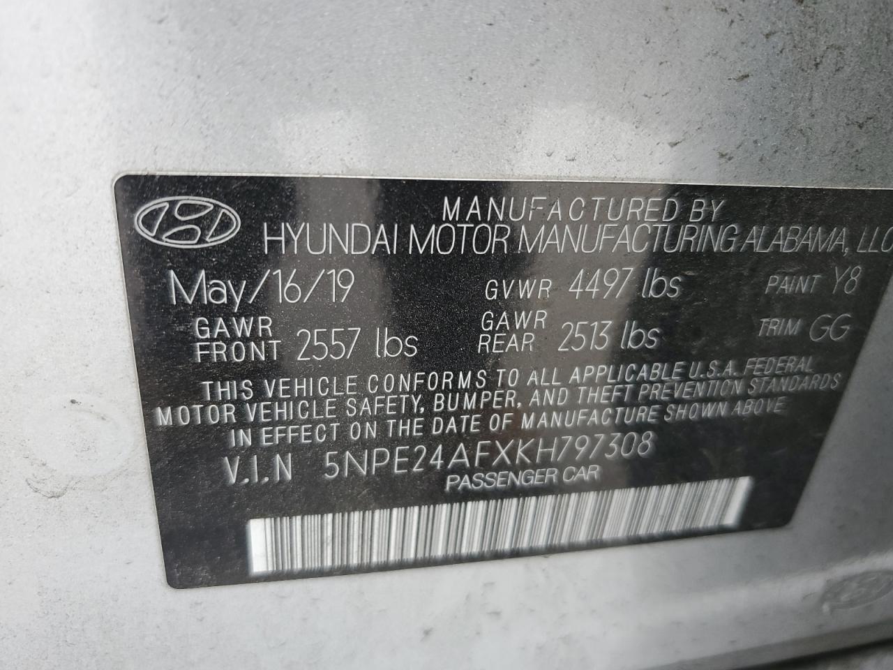 2019 Hyundai Sonata VIN 5NPE24AFXKH797308 Copart auction photo, front end damage thumbnail 14