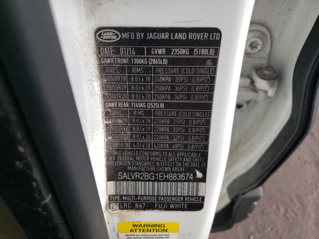 2014 Land Rover Range Rover VIN SALVR2BG1EH883674 Copart auction photo, rear end damage thumbnail 14