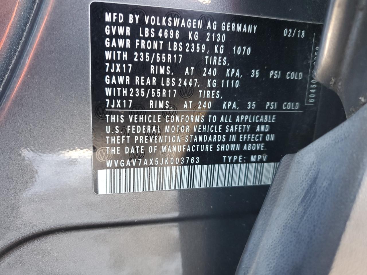2018 Volkswagen Tiguan VIN WVGAV7AX5JK003763 Copart auction photo, front end / rear end damage thumbnail 14