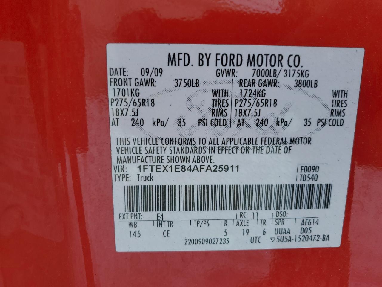 2010 Ford F-150 VIN 1FTEX1E84AFA25911 Copart auction photo, side / minor dent/scratches damage thumbnail 12
