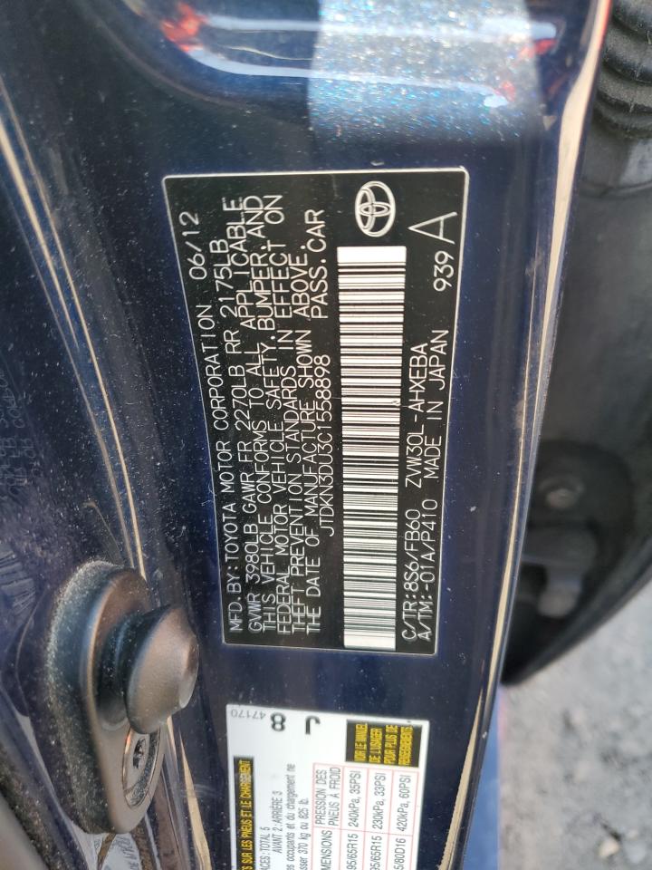 2012 Toyota Prius VIN JTDKN3DU3C1558898 Copart auction photo, front end / side damage thumbnail 12