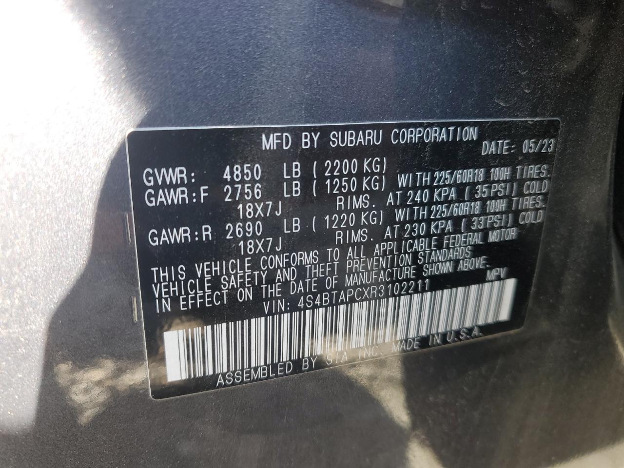 2024 Subaru Outback VIN 4S4BTAPCXR3102211 Copart auction photo, front end damage thumbnail 12