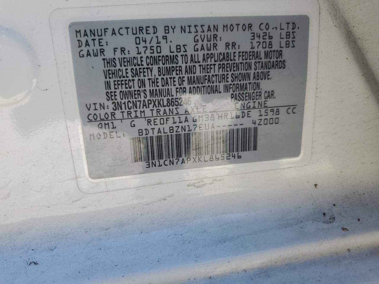 2019 Nissan Versa VIN 3N1CN7APXKL865246 Copart auction photo, rear end damage thumbnail 13