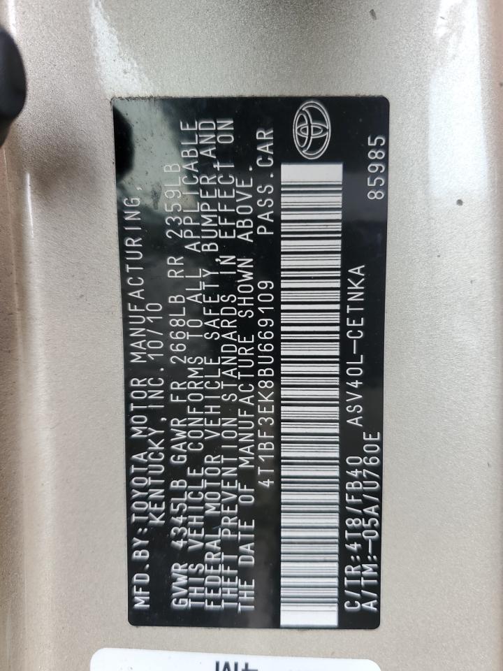 2011 Toyota Camry VIN 4T1BF3EK8BU669109 Copart auction photo, side damage thumbnail 12
