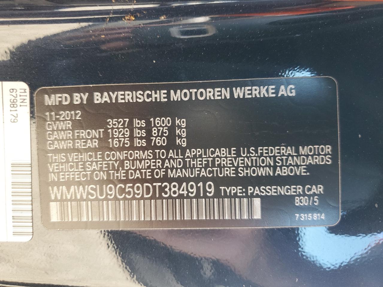 2013 MINI Cooper VIN WMWSU9C59DT384919 Copart auction photo, side / minor dent/scratches damage thumbnail 12