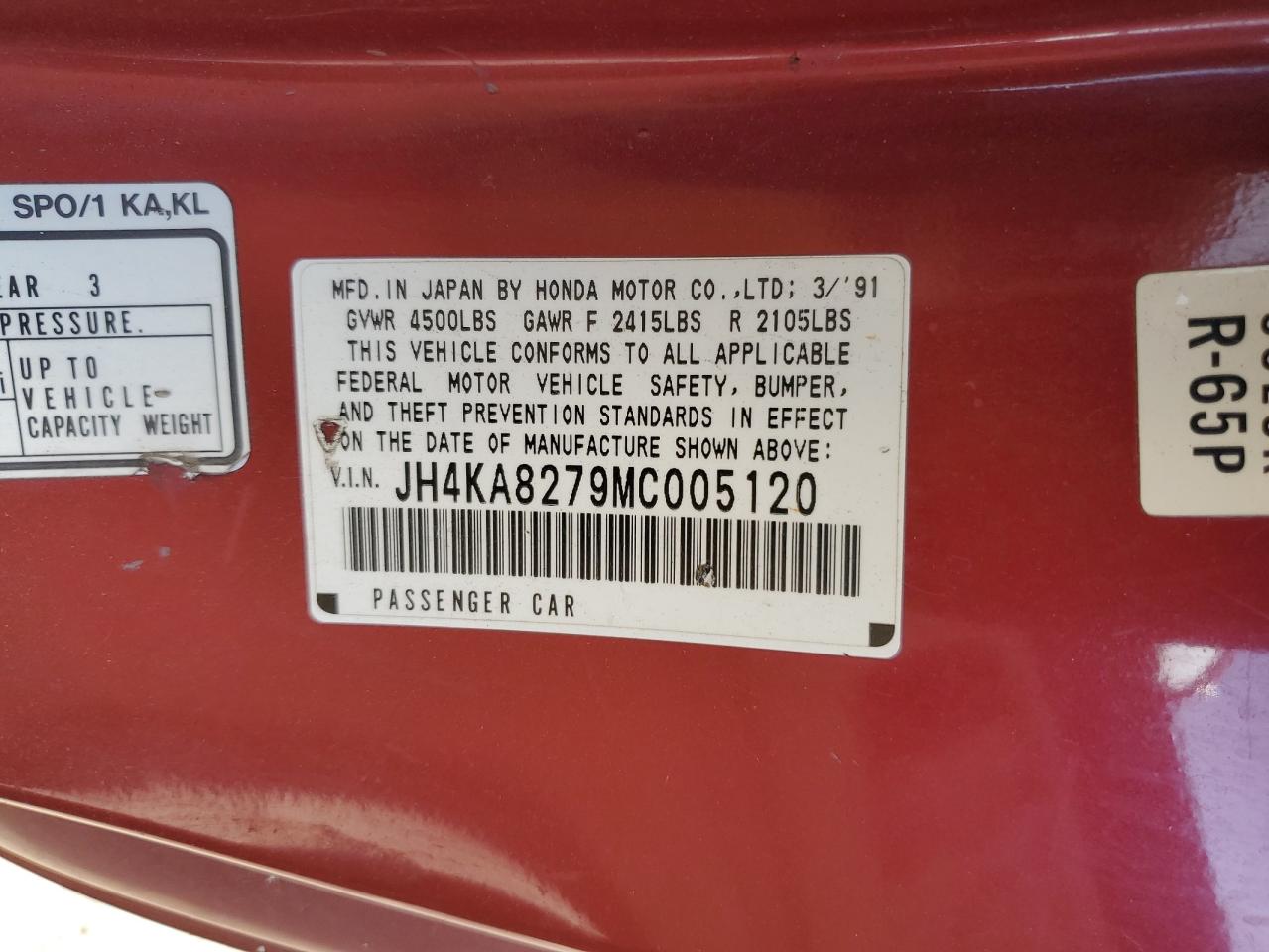 1991 Acura Legend VIN JH4KA8279MC005120 Copart auction photo, mechanical damage thumbnail 12