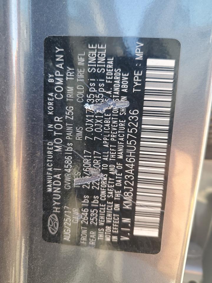 2017 Hyundai Tucson VIN KM8J23A46HU575236 Copart auction photo, side / frame damage damage thumbnail 13