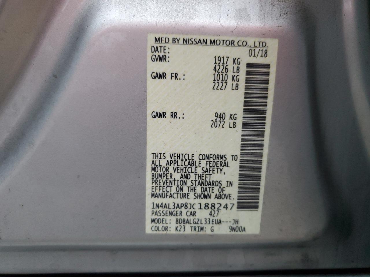 2018 Nissan Altima VIN 1N4AL3AP8JC188247 Copart auction photo, burn damage thumbnail 12