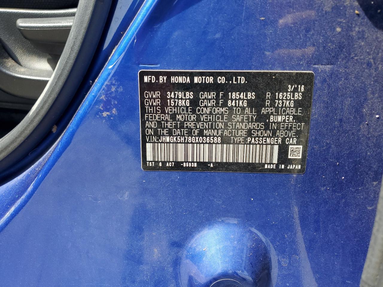 2016 Honda Fit VIN JHMGK5H78GX036588 Copart auction photo, water/flood damage thumbnail 12