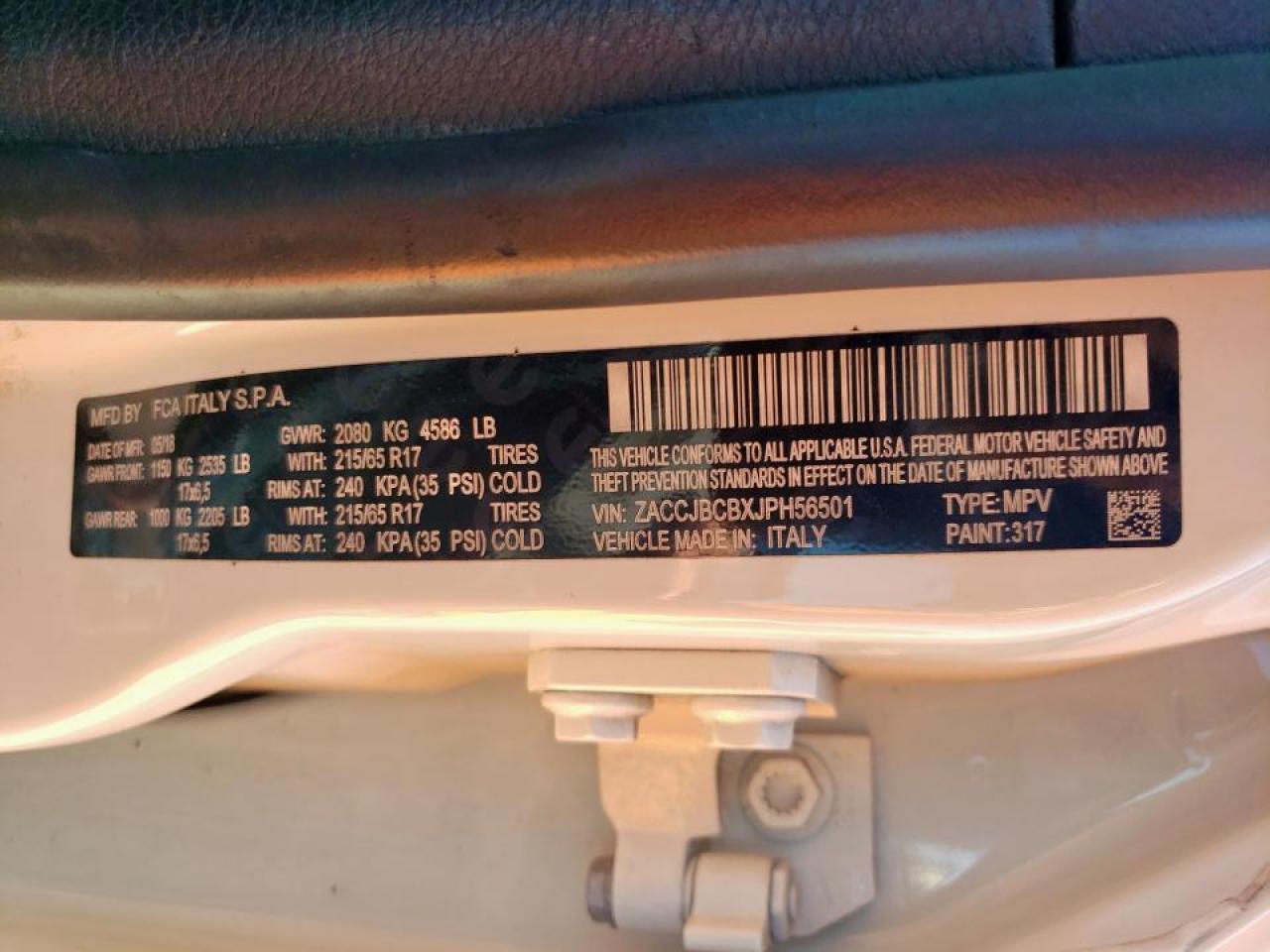 2018 Jeep Renegade VIN ZACCJBCBXJPH56501 Copart auction photo, front end damage thumbnail 15