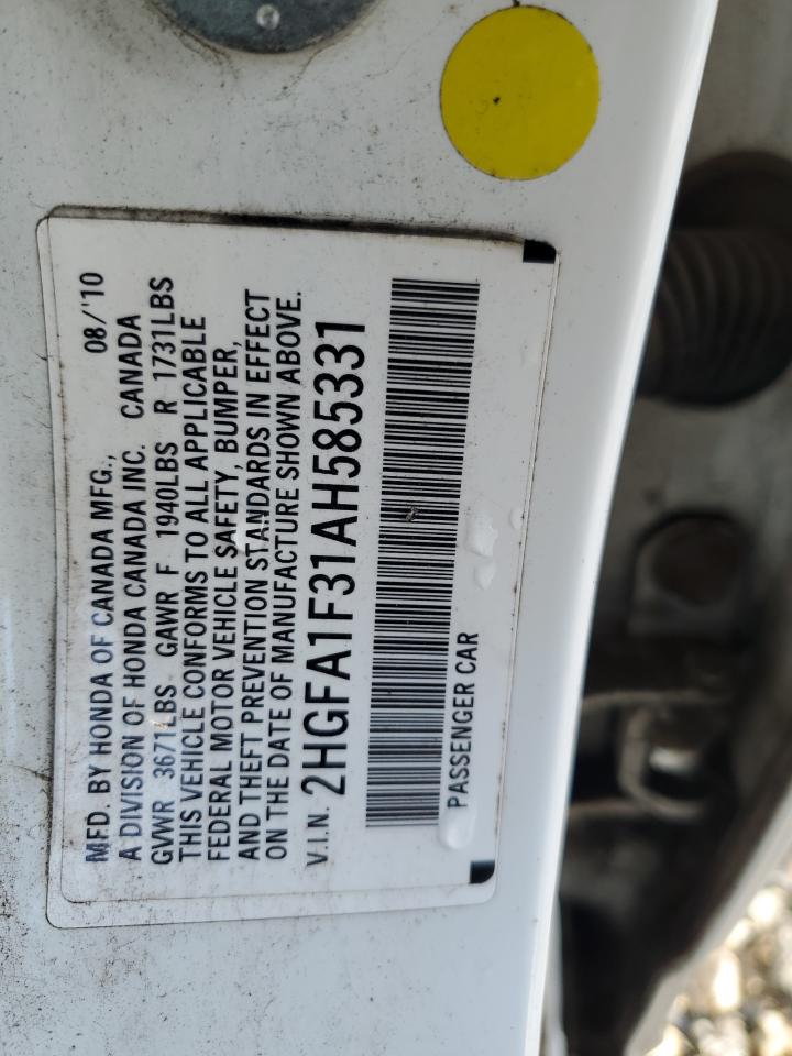 2010 Honda Civic VIN 2HGFA1F31AH585331 Copart auction photo, front end damage thumbnail 14