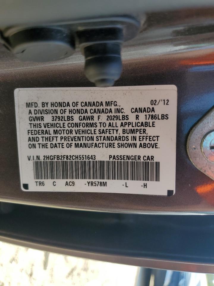 2012 Honda Civic VIN 2HGFB2F82CH551643 Copart auction photo, front end / rear end damage thumbnail 12